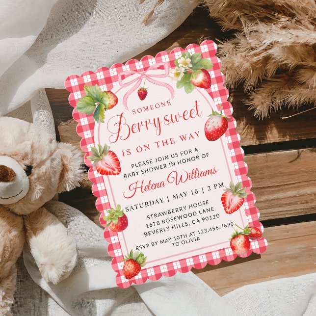 Invitation pour Baby Shower Gingham Coquette Berry (Cute Red Gingham Straberries baby shower Invitation)