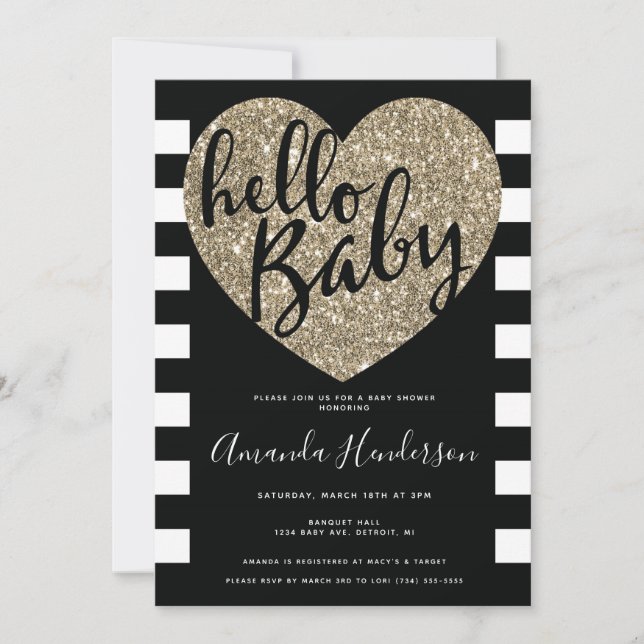 Invitation pour Baby Shower Hello Bébé, Noir & Or (Devant)