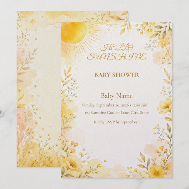 Invitation pour Baby Shower Hello Sunshine | Simpl (Devant / Derrière)
