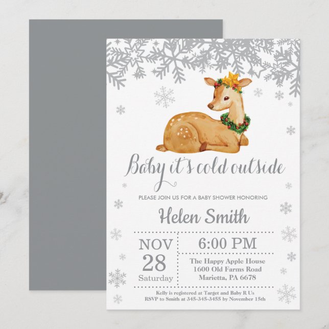 Invitation pour Baby Shower Hiver Cerf Flocon de N (Devant / Derrière)