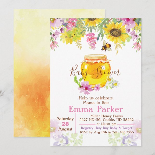 Invitation pour Baby Shower Honey Bumble Bee (Devant / Derrière)