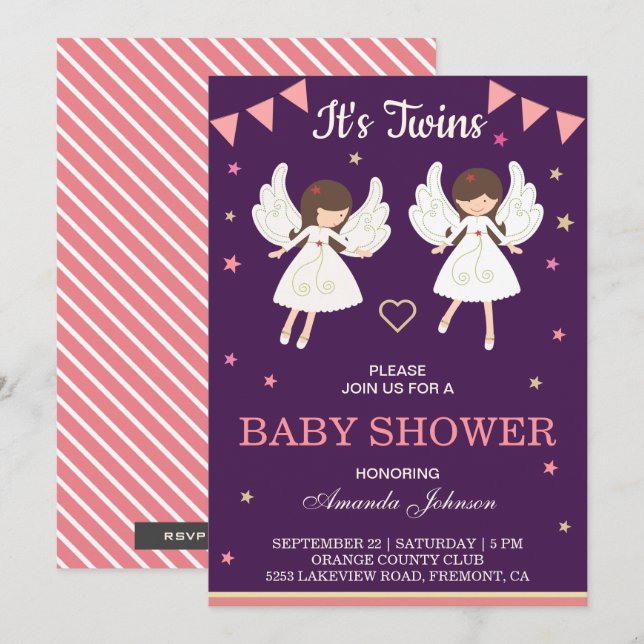 Invitation pour Baby Shower Jumeaux Fées Mignonnes (Devant / Derrière)