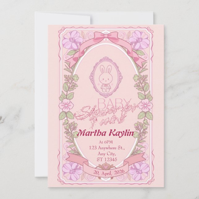 Invitation pour Baby Shower Jumeaux Lapin (Devant)