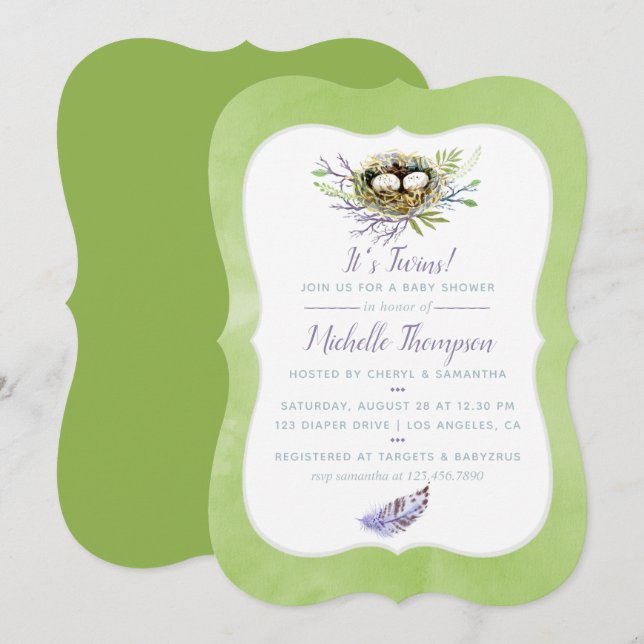 Invitation pour Baby Shower Jumeaux Nid d'Oiseaux  (Devant / Derrière)