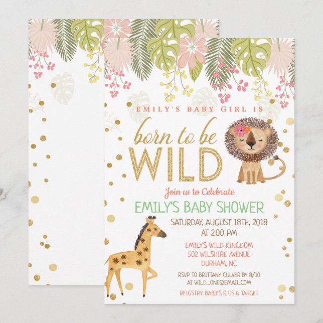 Invitation pour Baby Shower Jungle 'Né pour être s (Devant / Derrière)