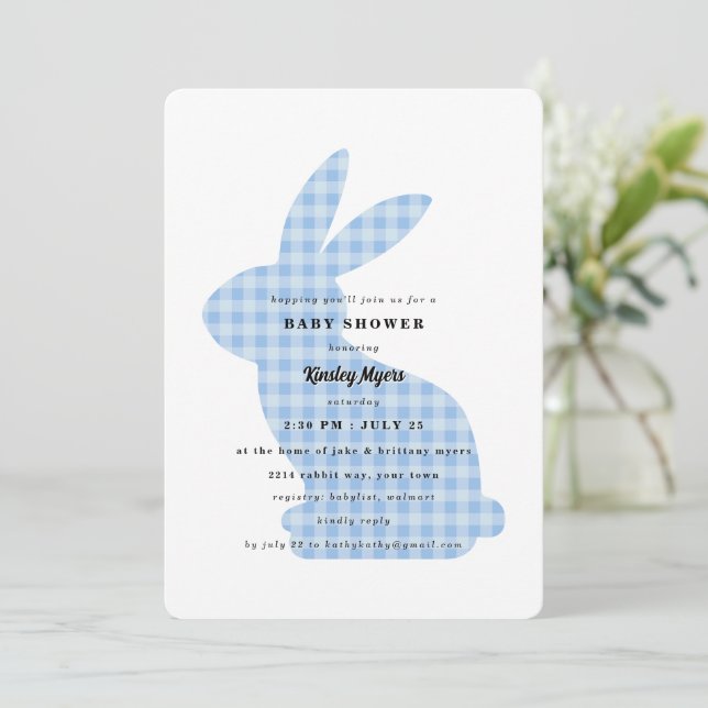 Invitation pour Baby Shower Lapin à Carreaux Bleus (Debout devant)