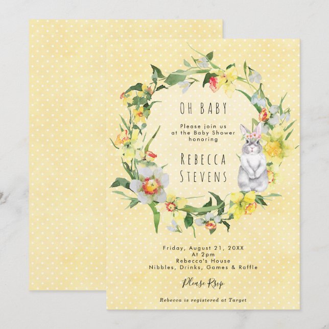 Invitation pour baby shower lapin de printemps jon (Devant / Derrière)