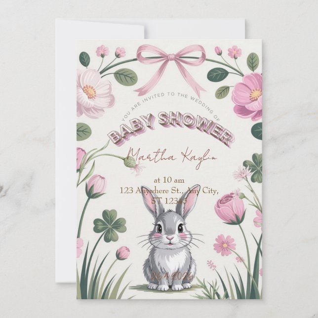 Invitation pour Baby Shower Lapin Floral (Devant)