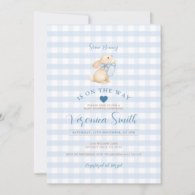 Invitation pour Baby Shower Lapin Gingham Bleu Béb (Devant)