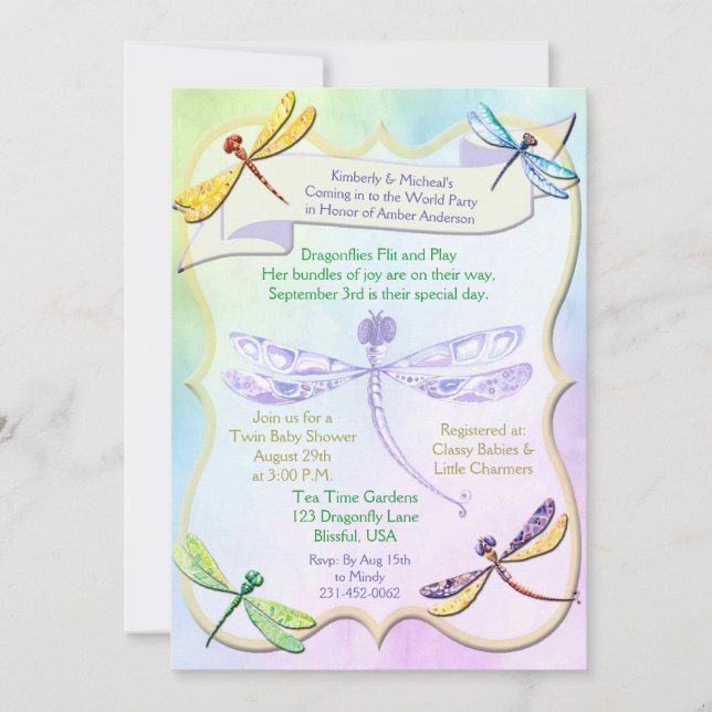 Invitation pour Baby Shower Libellule Pastel et To (Devant)