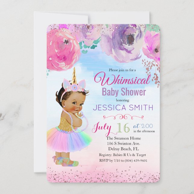 Invitation pour Baby Shower Licorne à l'aquarelle  (Devant)