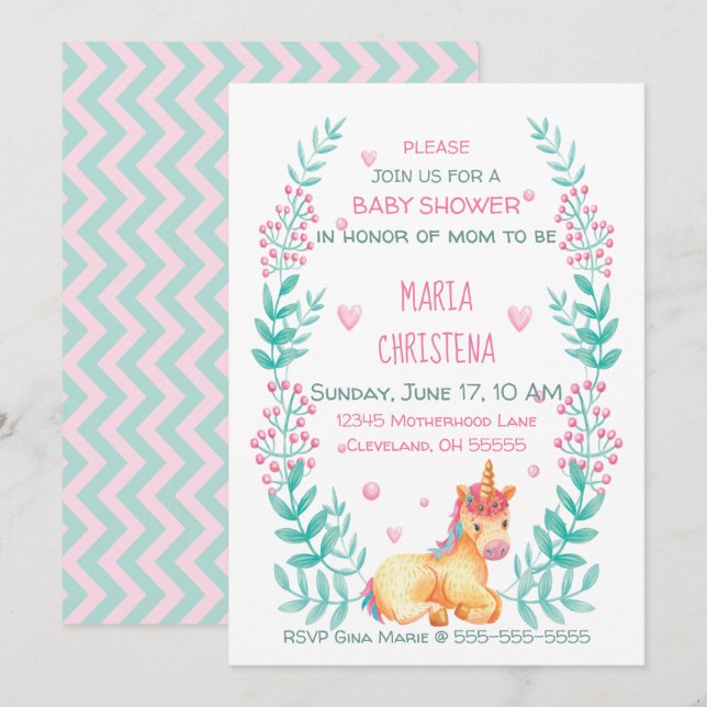 Invitation pour Baby Shower Licorne Fleurale Aquar (Devant / Derrière)