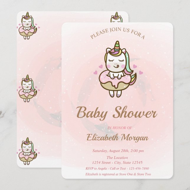 Invitation pour Baby Shower Licorne Mignonne et Do (Devant / Derrière)