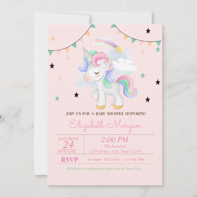 Invitation pour Baby Shower Licorne Mignonne et Ét (Devant)