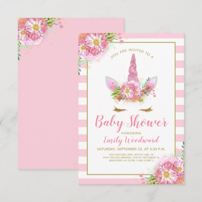 Invitation pour Baby Shower Licorne Rose Douce (Devant / Derrière)