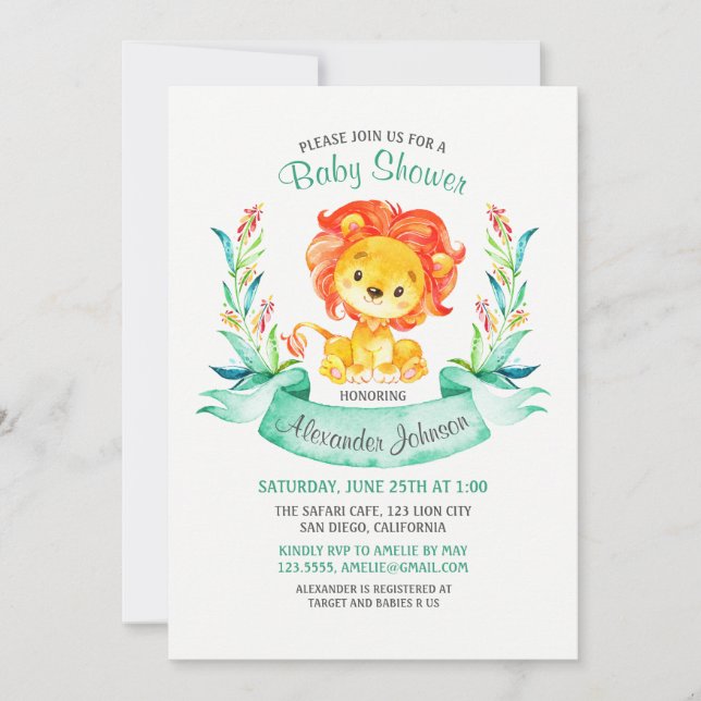Invitation pour Baby Shower Lion aquarelle (Devant)