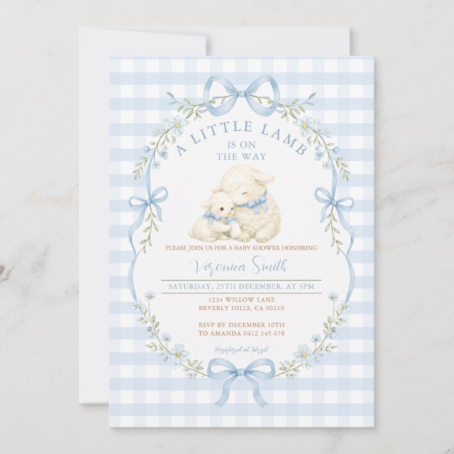 Invitation pour Baby Shower Little Lamb à carreaux (Devant)