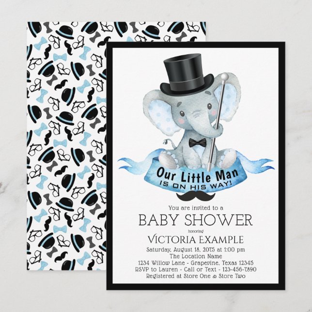 Invitation pour Baby Shower Little Man Dapper Elep (Devant / Derrière)