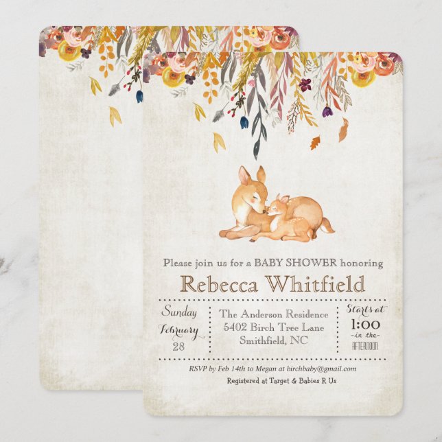 Invitation pour Baby Shower Mama et Cerf aux Feuil (Devant / Derrière)