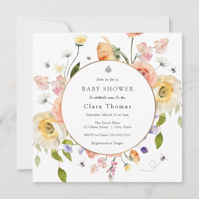 Invitation pour Baby Shower "Maman à BEE Floral" (Devant)