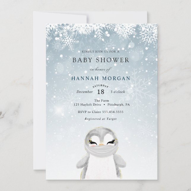 Invitation pour Baby Shower Manchot d'hiver avec M (Devant)