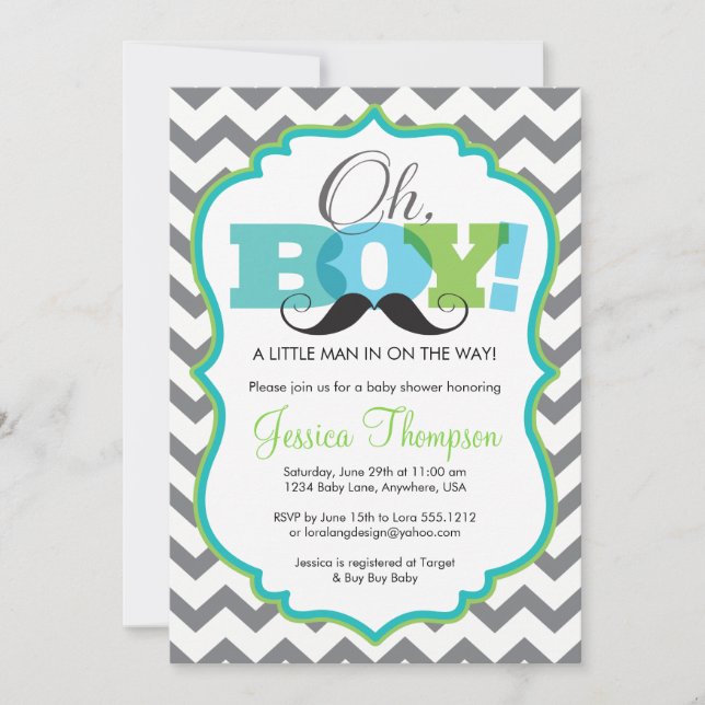 Invitation pour Baby Shower Moustache Oh Garçon (Devant)