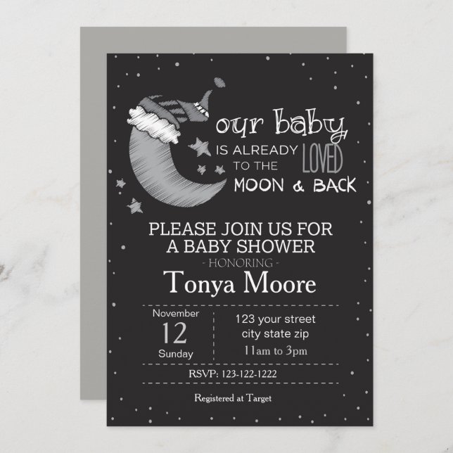 Invitation pour Baby Shower Noir Jusqu'à la Lune e (Devant / Derrière)