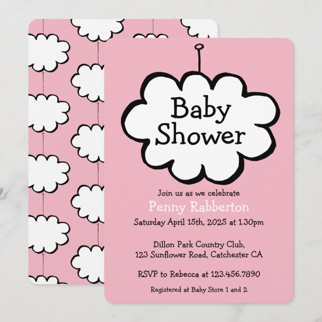 Invitation pour Baby Shower Nuage sur une Corde (Devant / Derrière)