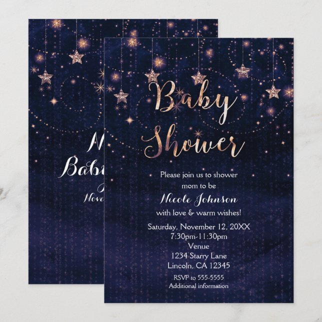 Invitation pour Baby Shower Nuit Étoilée Violet et (Devant / Derrière)