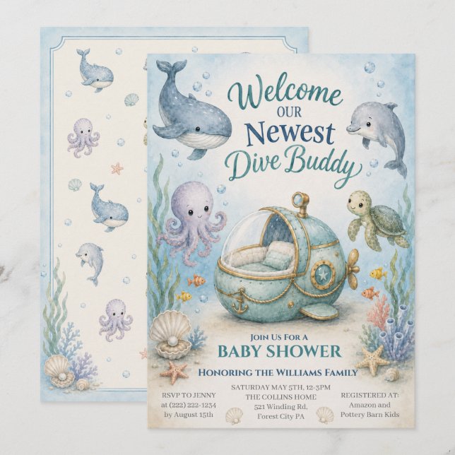 Invitation pour Baby Shower Ocean Future Diver ave (Devant / Derrière)