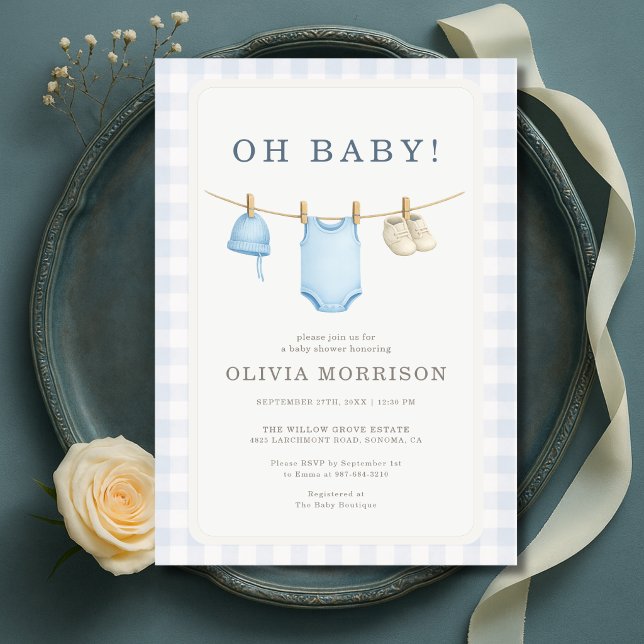 Invitation pour Baby Shower Oh Baby Blue Gingham (Créateur téléchargé)