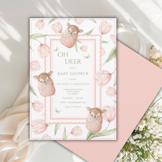 Invitation pour Baby Shower Oh Deer Tulipes Rose (Créateur téléchargé)