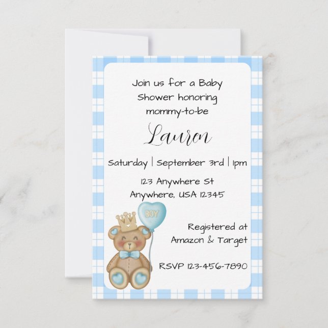 Invitation pour Baby Shower Ours Bleu pour Garçon (Devant)