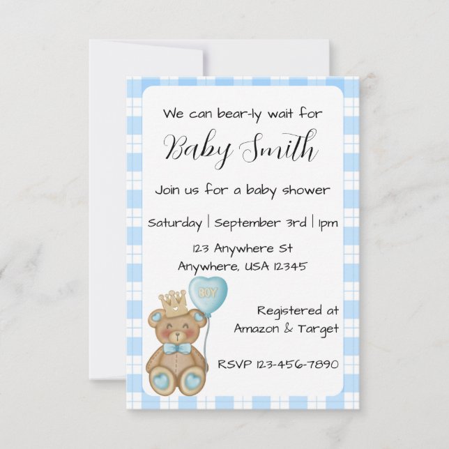 Invitation pour Baby Shower Ours Bleu pour Garçon (Devant)