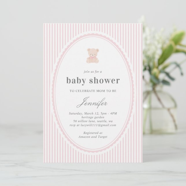 Invitation pour Baby shower Ours Teddy bébé_Rose  (Debout devant)
