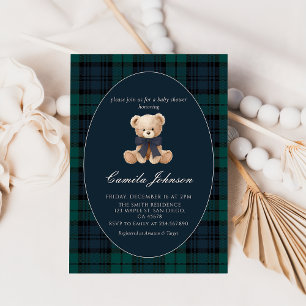Invitation pour Baby Shower Ourson à carreaux navy