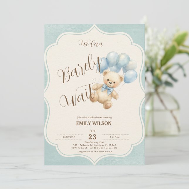 Invitation pour Baby Shower Ourson Ballons Bleus (Debout devant)