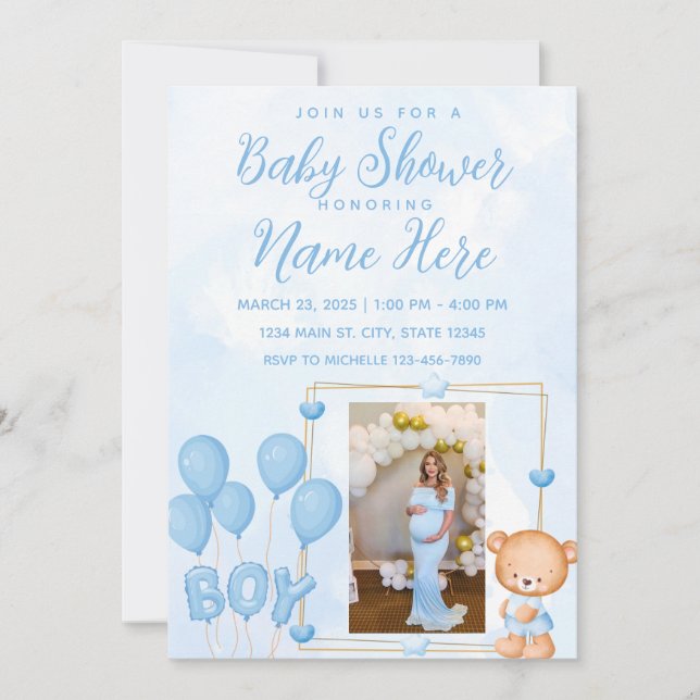 Invitation pour Baby Shower Ourson Bleu et Or (Devant)