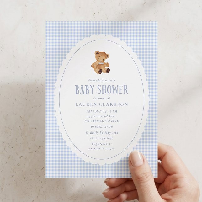 Invitation pour Baby Shower Ourson Gingham Bleu (Créateur téléchargé)