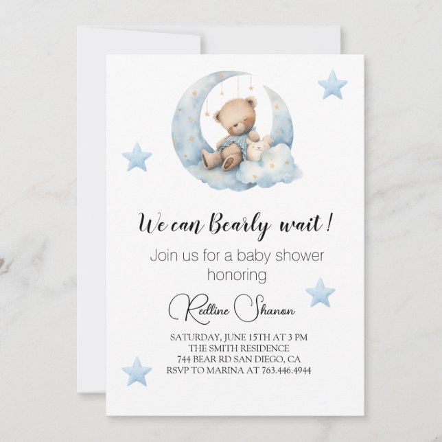Invitation pour Baby Shower Ourson Mignon & Étoile (Devant)