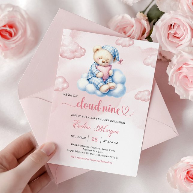 Invitation pour Baby Shower Ourson Mignon Thème Nu (Lovely Teddy Bear Baby Shower Invite Cloud 9 Theme)