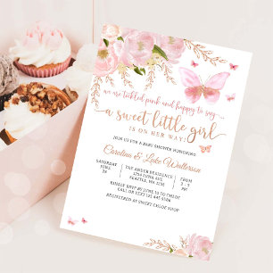 Invitation pour Baby Shower Papillon Floral Rose