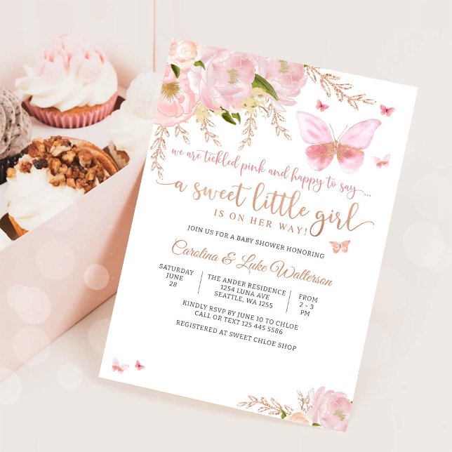 Invitation pour Baby Shower Papillon Floral Rose (Créateur téléchargé)