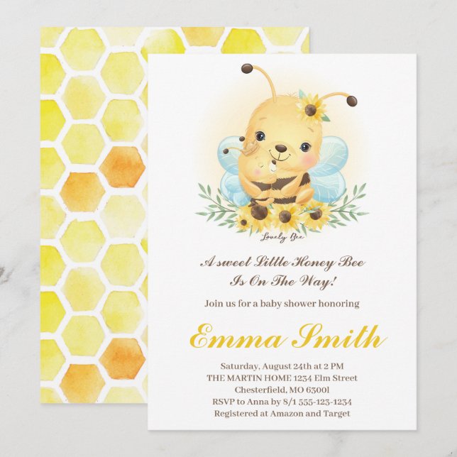 Invitation pour Baby Shower Petite Abeille de Miel (Devant / Derrière)