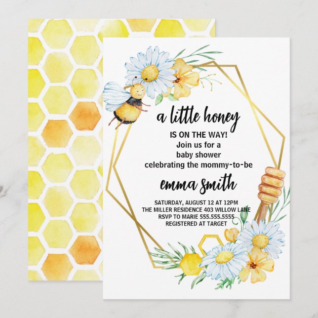 Invitation pour Baby Shower Petite Abeille Miel (Devant / Derrière)