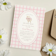 Invitation pour Baby Shower Plaid Rose, Petite Fil