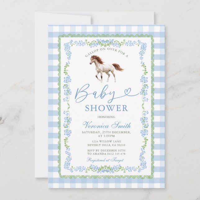 Invitation pour Baby Shower Poney Gingham Bleu (Devant)