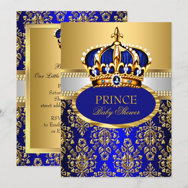 Invitation pour Baby Shower Prince Couronne Bleu R (Devant / Derrière)