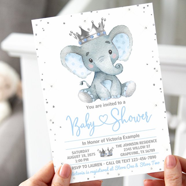 Invitation pour Baby Shower Prince Éléphant Garçon (Boy cute elephant baby shower invitation. Instant download and printed invitations available.)