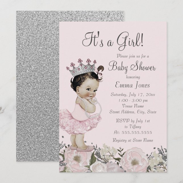 Invitation pour Baby Shower Princesse Fleurs Argen (Devant / Derrière)